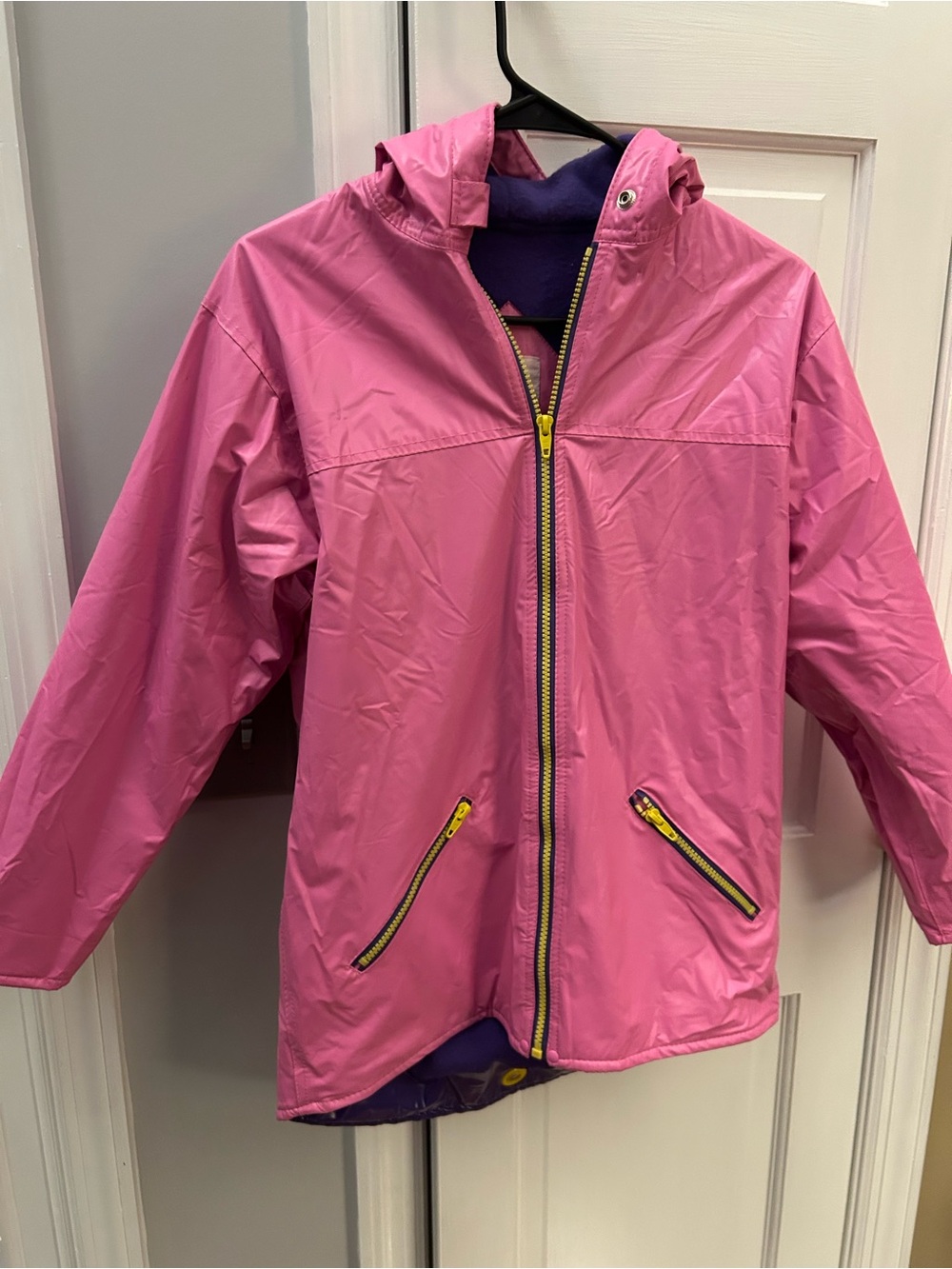 Girls' Bright Pink Hooded Raincoat with Yellow Trim